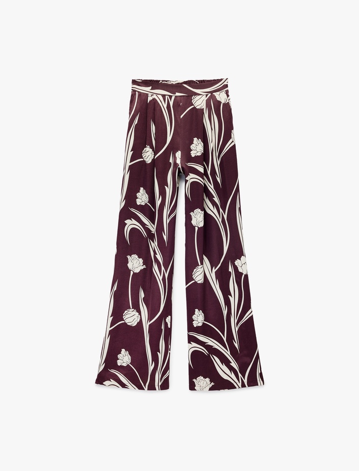  Cepli Floral Desenli Yüksek Bel Saten Palazzo Pantolon
