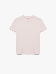 Slim Fit Fiyonk Nakış Detaylı Kısa Kollu Bisiklet Yaka Tişört