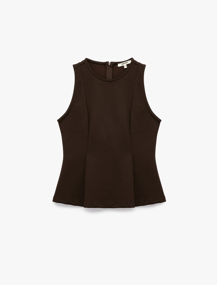  Slim Fit Bisiklet Yaka Kolsuz Peplum Bluz