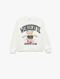 Uzun Kollu Bisiklet Yaka Şardonlu Ayıcık Baskılı Sweatshirt