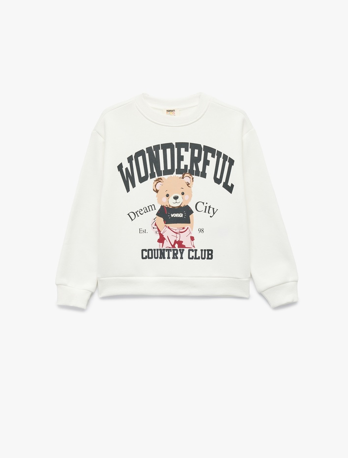 Kız Çocuk Uzun Kollu Bisiklet Yaka Şardonlu Ayıcık Baskılı Sweatshirt