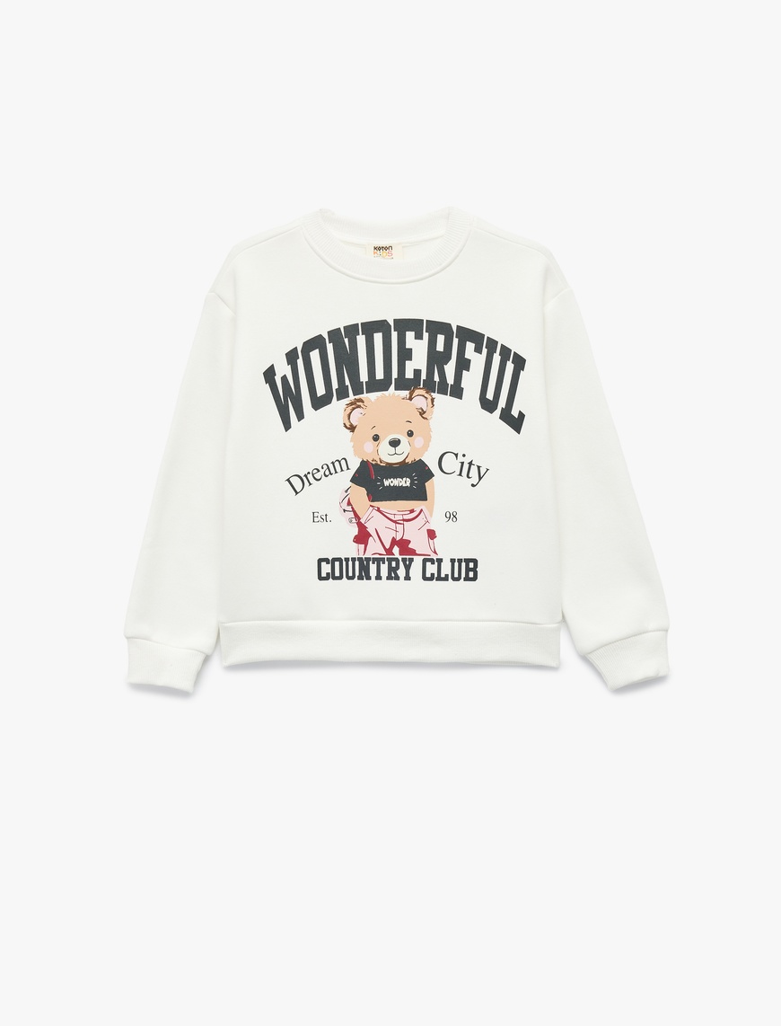  Kız Çocuk Uzun Kollu Bisiklet Yaka Şardonlu Ayıcık Baskılı Sweatshirt