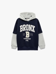 Kapşonlu Uzun Çıkma Kollu Şardonlu Oversize Kolej Baskılı Sweatshirt