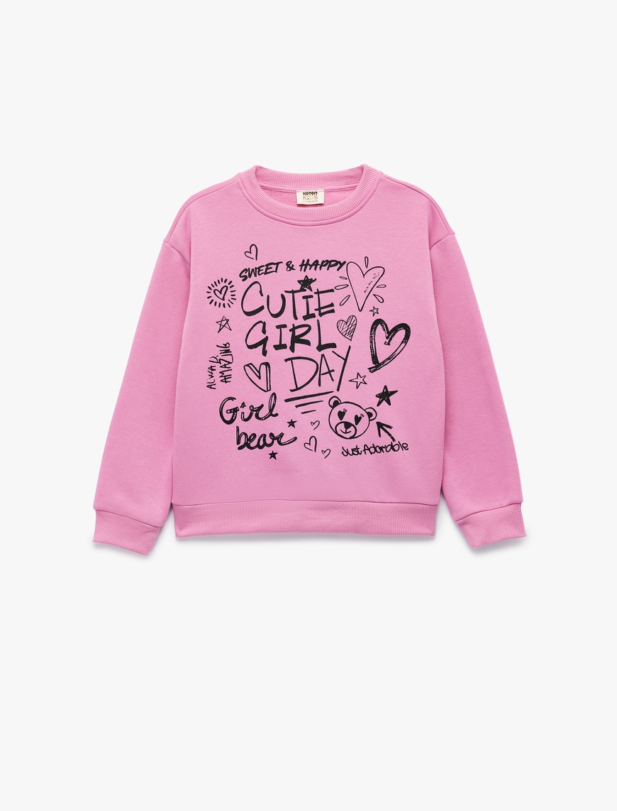  Kız Çocuk Uzun Kollu Bisiklet Yaka Şardonlu Baskılı Sweatshirt
