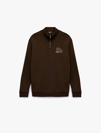 Şardonlu Uzun Kollu Baskılı Yarım Fermuarlı Sweatshirt