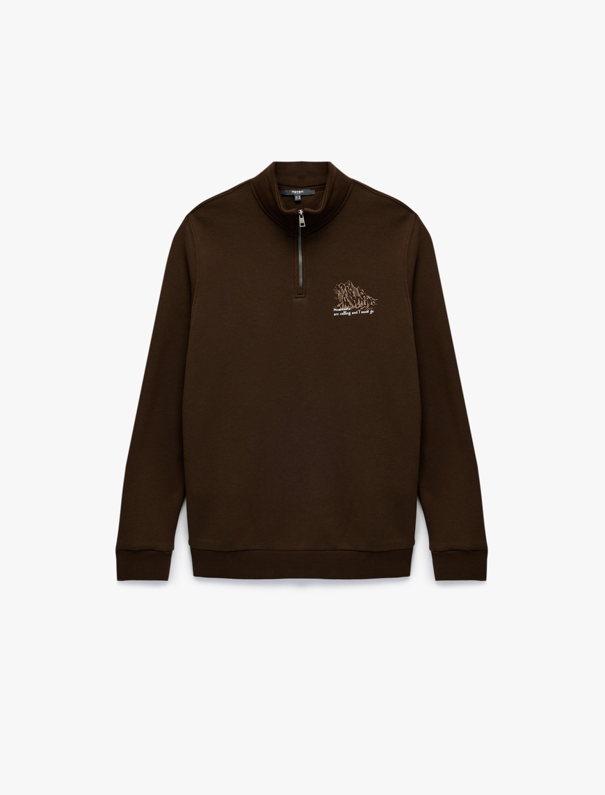   Şardonlu Uzun Kollu Baskılı Yarım Fermuarlı Sweatshirt
