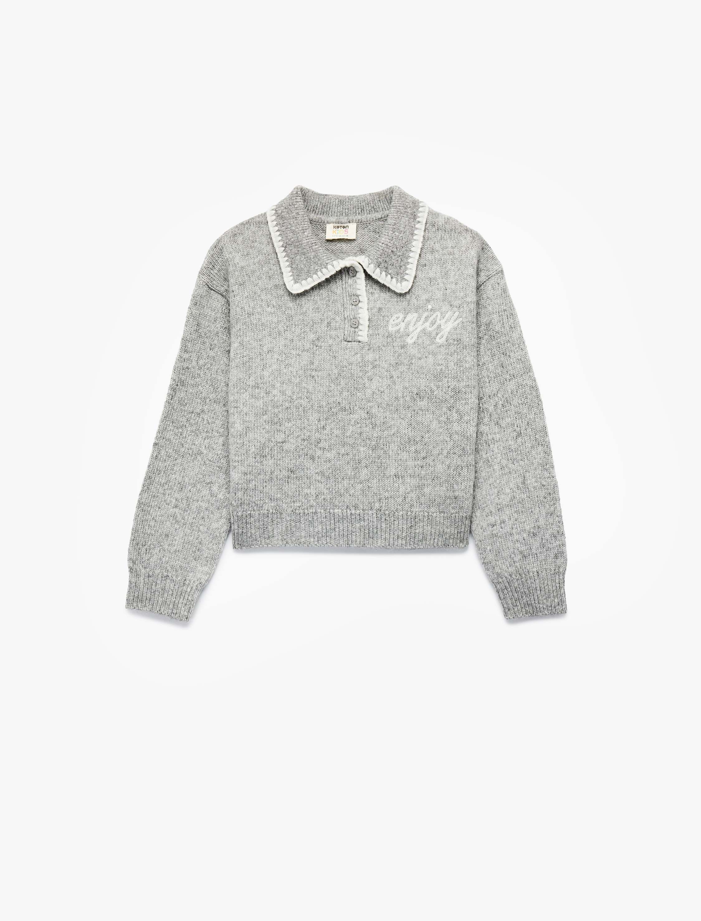  Kız Çocuk Uzun Kollu Nakışlı Polo Yaka Triko Kazak