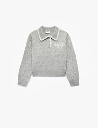 Uzun Kollu Nakışlı Polo Yaka Triko Kazak