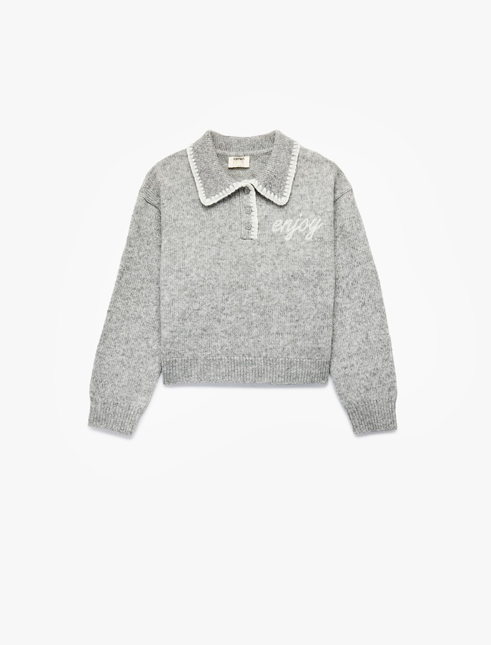 Kız Çocuk Uzun Kollu Nakışlı Polo Yaka Triko Kazak