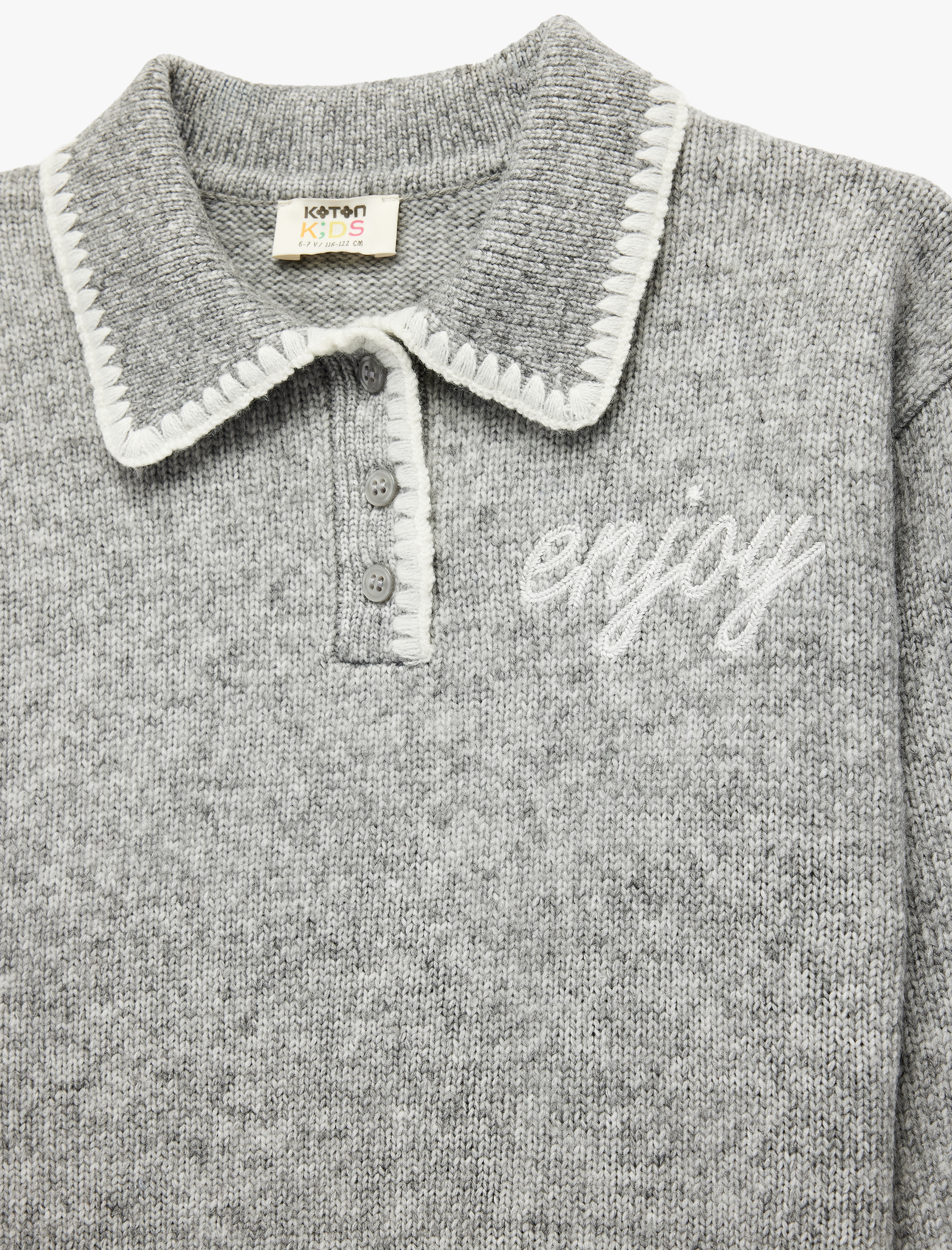  Kız Çocuk Uzun Kollu Nakışlı Polo Yaka Triko Kazak