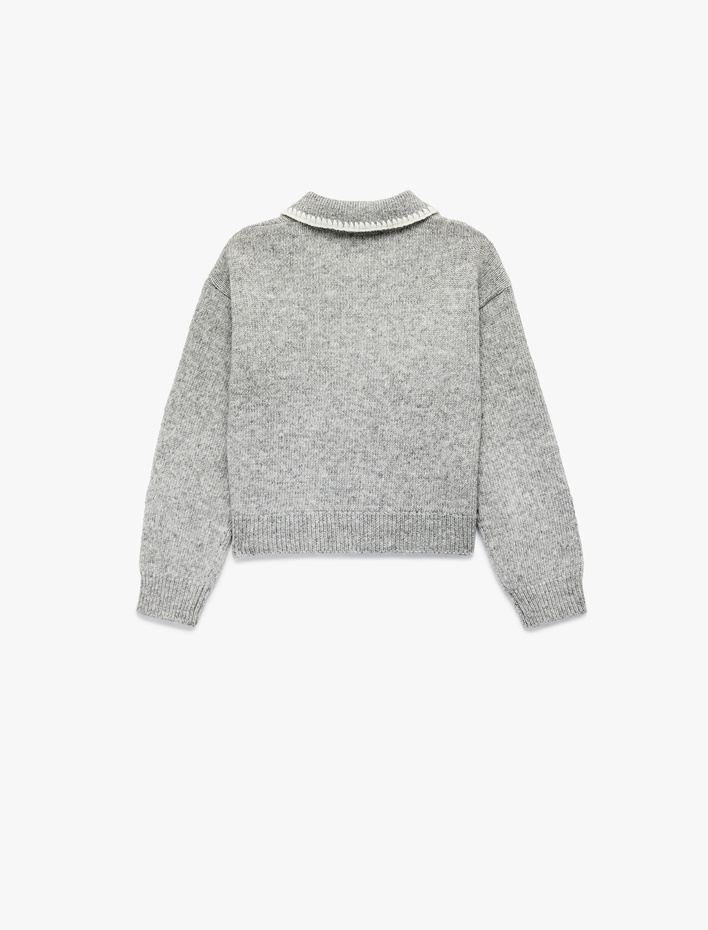 Kız Çocuk Uzun Kollu Nakışlı Polo Yaka Triko Kazak