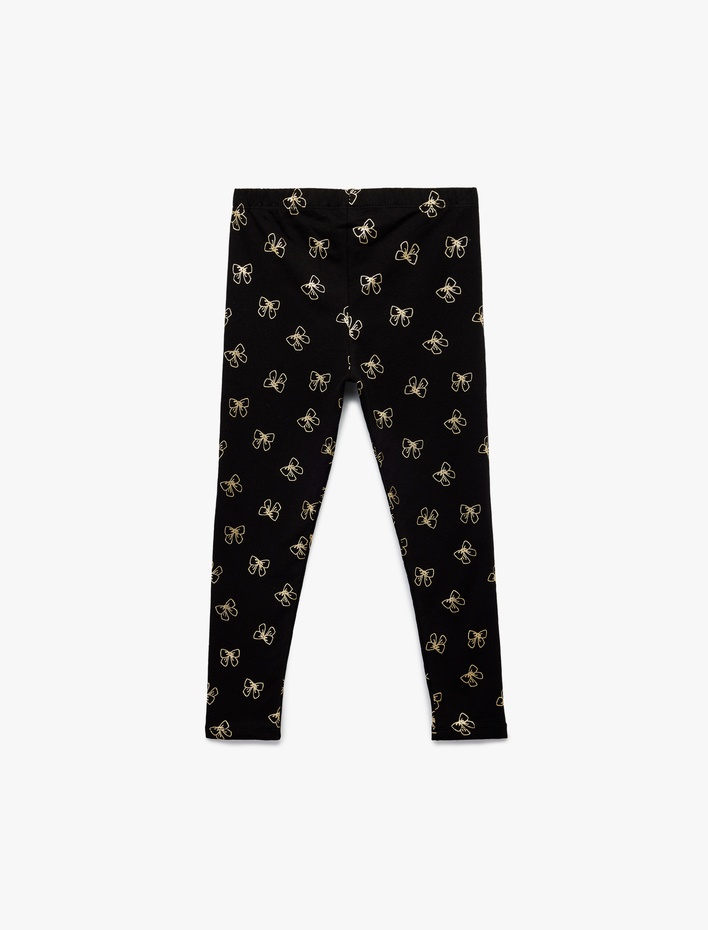 Kız Çocuk Şardonlu Dar Kalıp Fiyonklu Baskılı Pamuklu Tayt