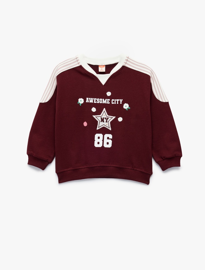 Kız Bebek Şardonlu Pamuklu Uzun Kollu Renk Kontrastlı V Yaka Baskılı Sweatshirt