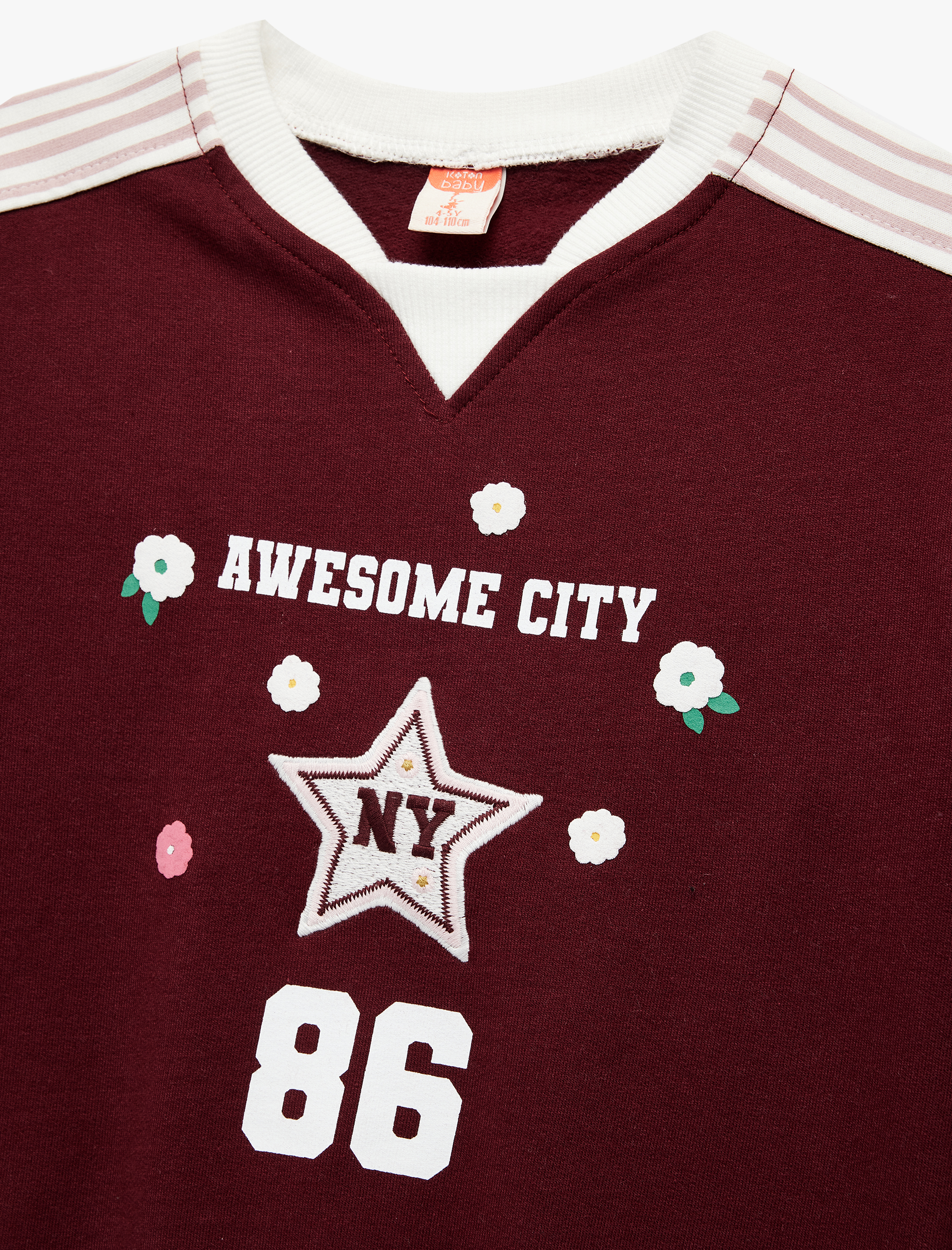  Kız Bebek Şardonlu Pamuklu Uzun Kollu Renk Kontrastlı V Yaka Baskılı Sweatshirt