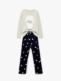 Pamuklu Kuzu Baskılı Uzun Kollu Pijama Takımı