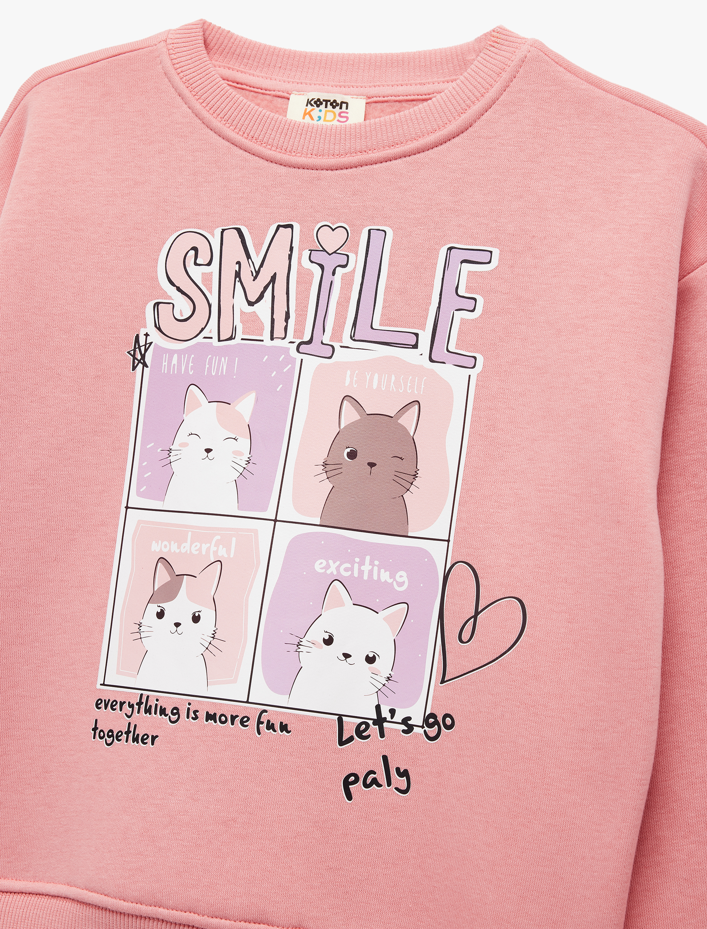  Kız Çocuk Uzun Kollu Bisiklet Yaka Şardonlu Kedi Baskılı Sweatshirt