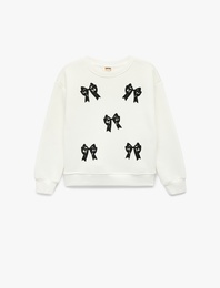 Uzun Kollu Bisiklet Yaka Şardonlu Fiyonk Baskılı Sweatshirt