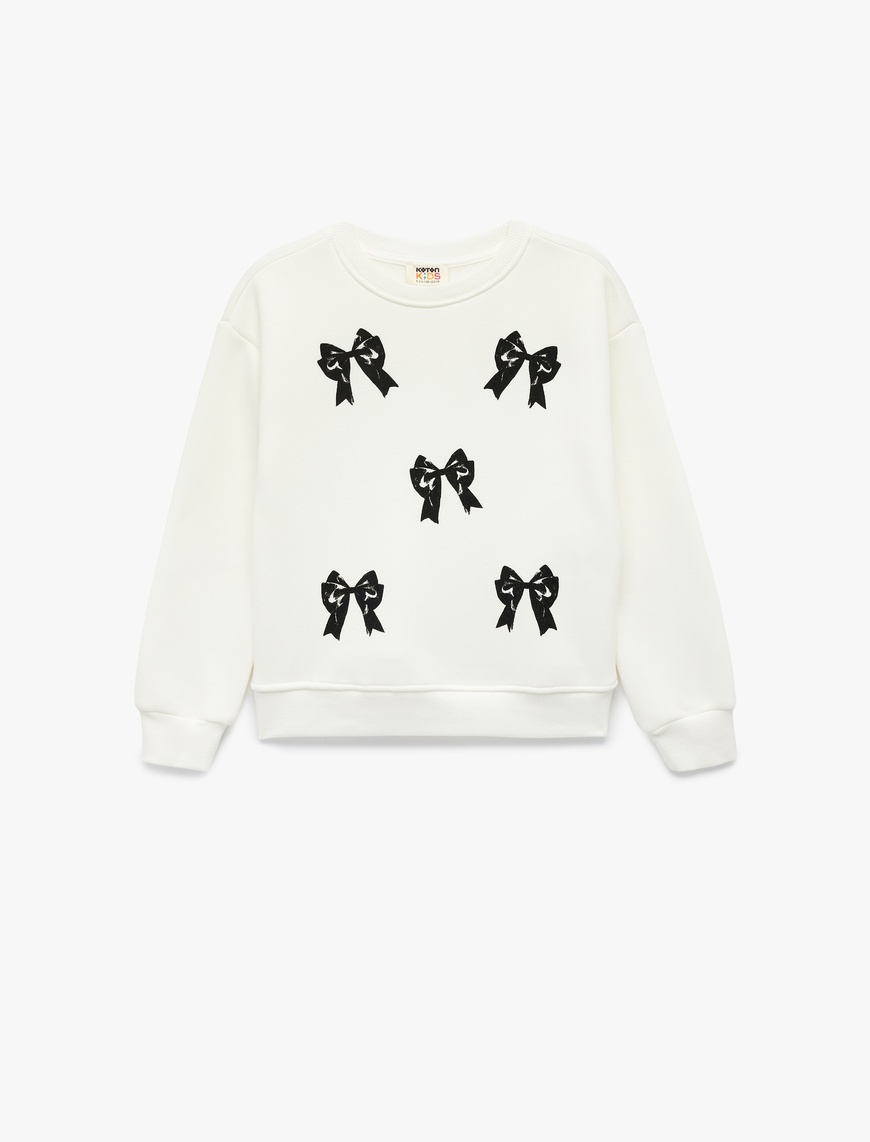  Kız Çocuk Uzun Kollu Bisiklet Yaka Şardonlu Fiyonk Baskılı Sweatshirt