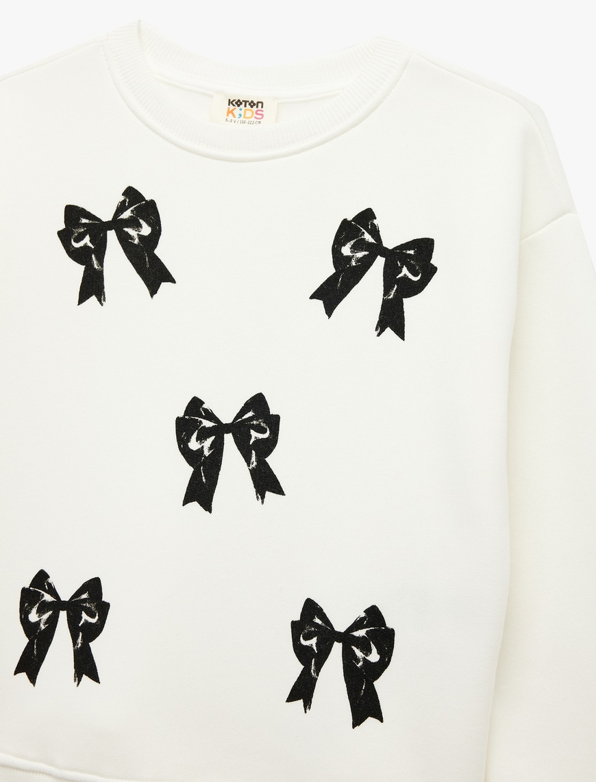  Kız Çocuk Uzun Kollu Bisiklet Yaka Şardonlu Fiyonk Baskılı Sweatshirt