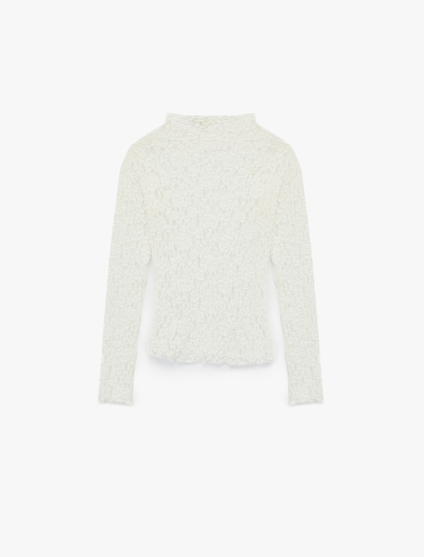   Yarı Transparan Slim Fit Fırfır Detaylı Uzun Kollu Dantel Bluz