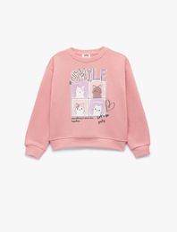 Uzun Kollu Bisiklet Yaka Şardonlu Kedi Baskılı Sweatshirt