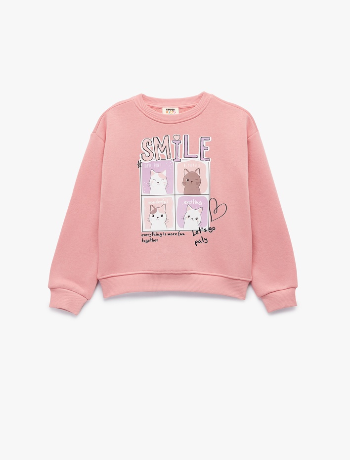 Kız Çocuk Uzun Kollu Bisiklet Yaka Şardonlu Kedi Baskılı Sweatshirt