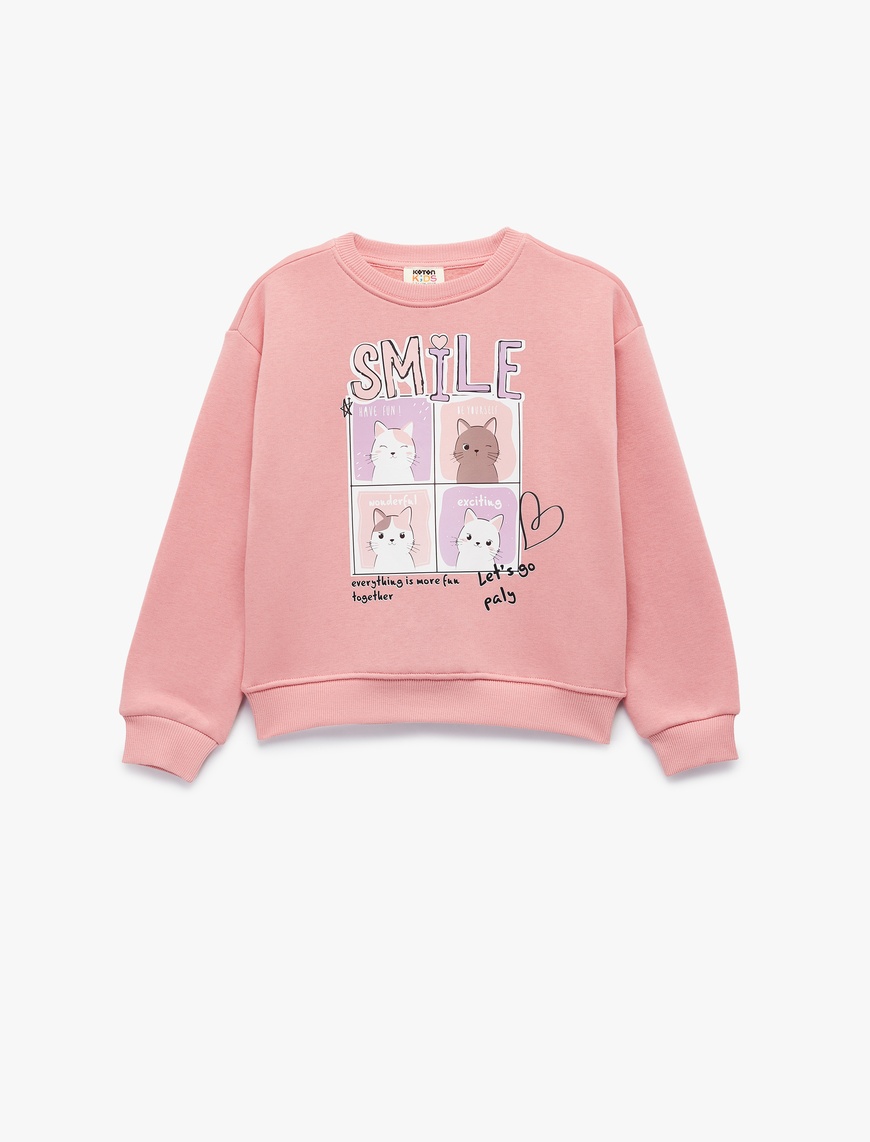  Kız Çocuk Uzun Kollu Bisiklet Yaka Şardonlu Kedi Baskılı Sweatshirt