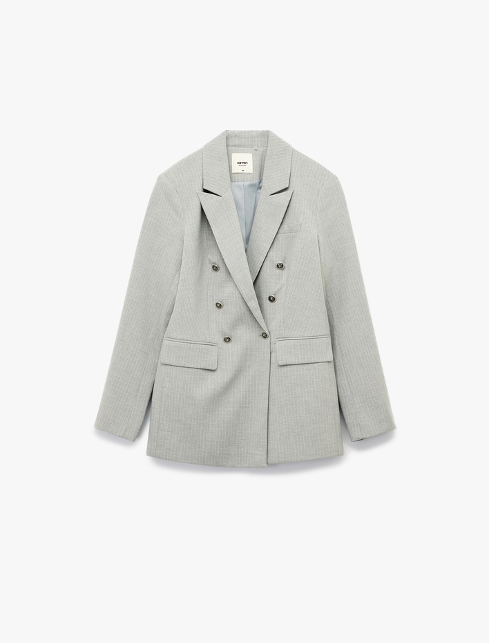  Slim Fit Düğmeli Cepli Uzun Kollu Kruvaze Blazer Ceket