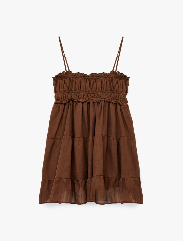  Büzgülü Bağcıklı Yaka Askılı Katlı Mini Elbise