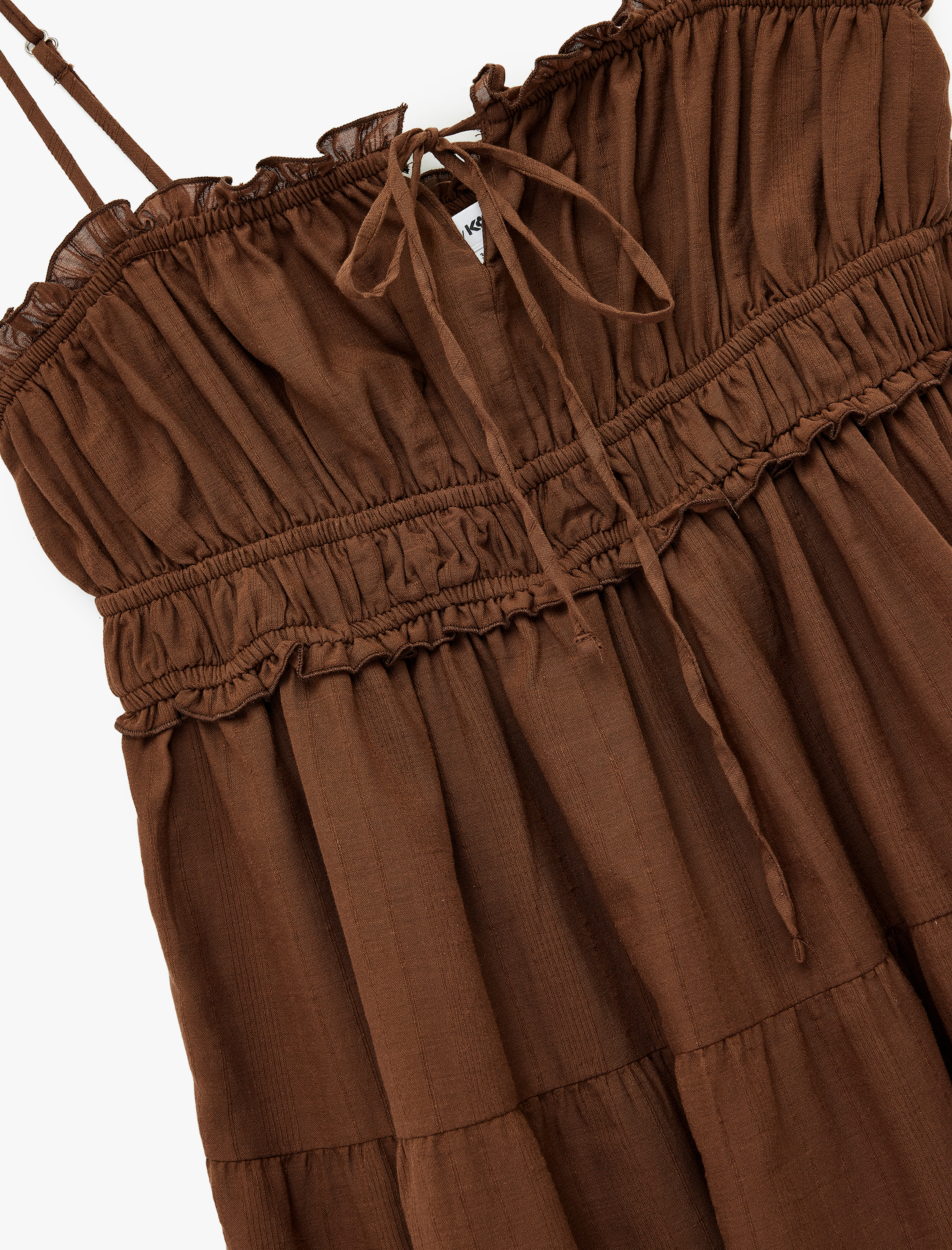   Büzgülü Bağcıklı Yaka Askılı Katlı Mini Elbise