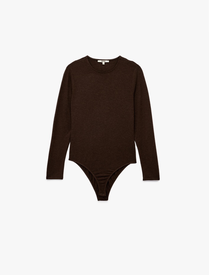  Koyun Yünü Karışımlı Slim Fit Uzun Kollu Bisiklet Yaka Bodysuit