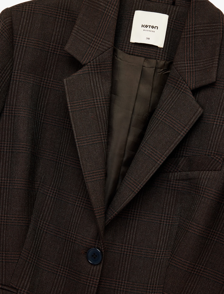   Cepli Düğmeli Uzun Kollu Kruvaze Ekose Blazer Ceket