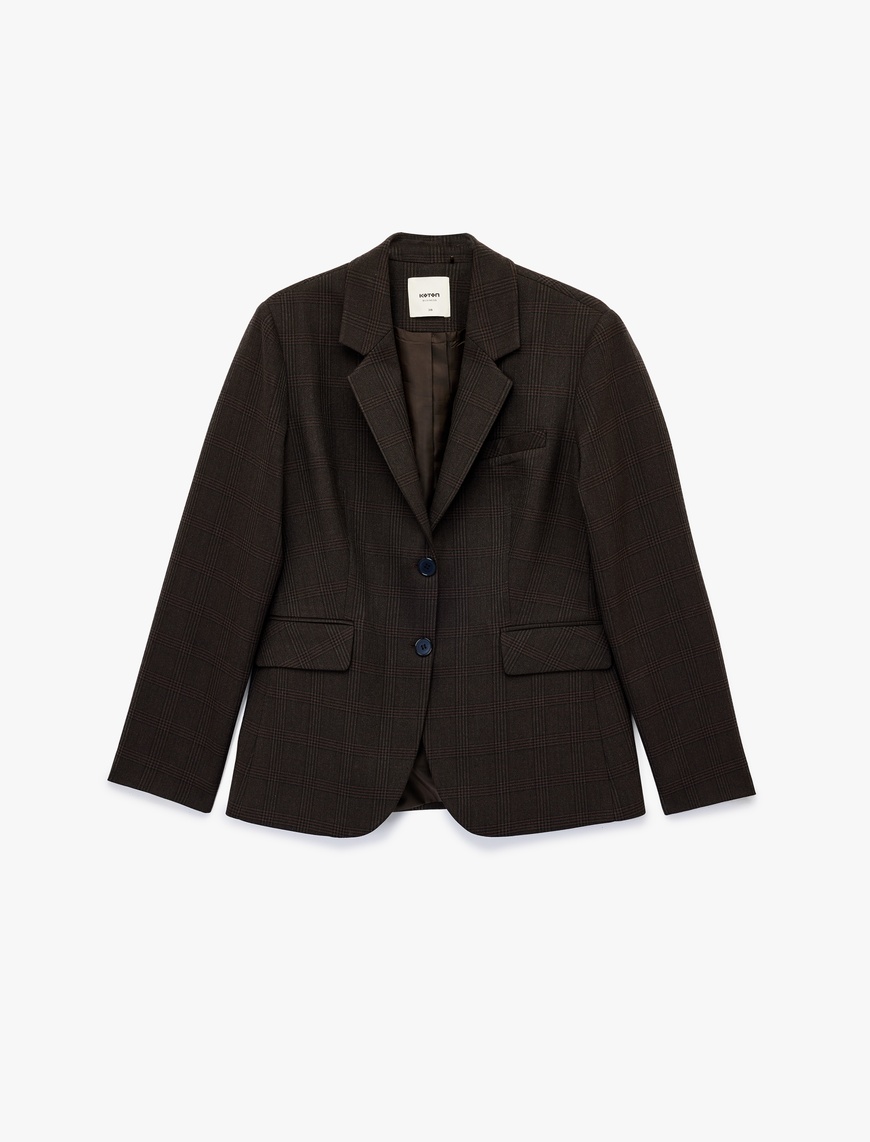   Cepli Düğmeli Uzun Kollu Kruvaze Ekose Blazer Ceket