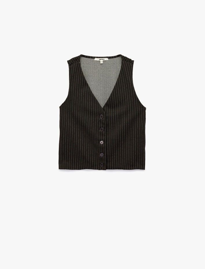  Slim Fit Düğmeli V Yaka Parıltılı Çizgili Yelek