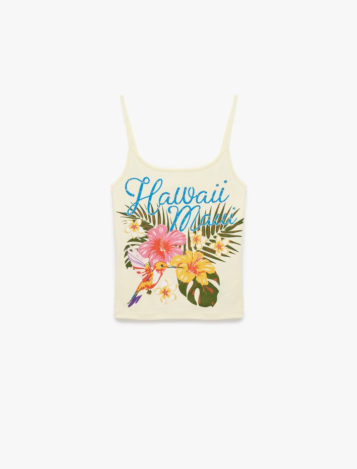  Pamuklu İp Askılı Hawaii Baskılı Slim Fit Bluz