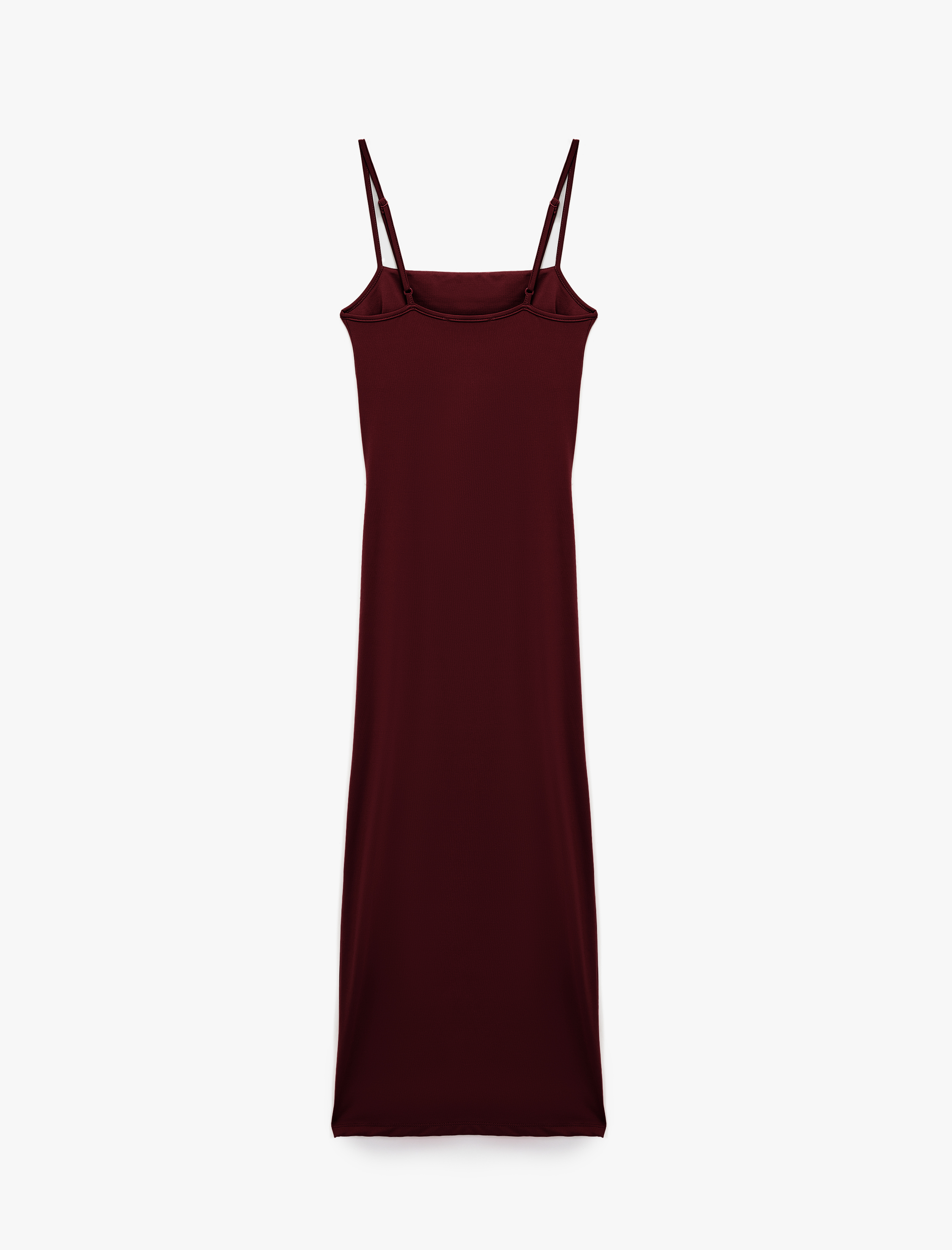 Slim Fit Yırtmaç Detaylı Drapeli İnce Askılı Kalem Elbise