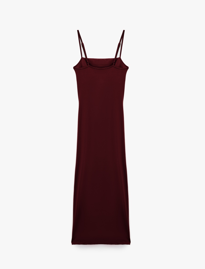   Slim Fit Yırtmaç Detaylı Drapeli İnce Askılı Kalem Elbise