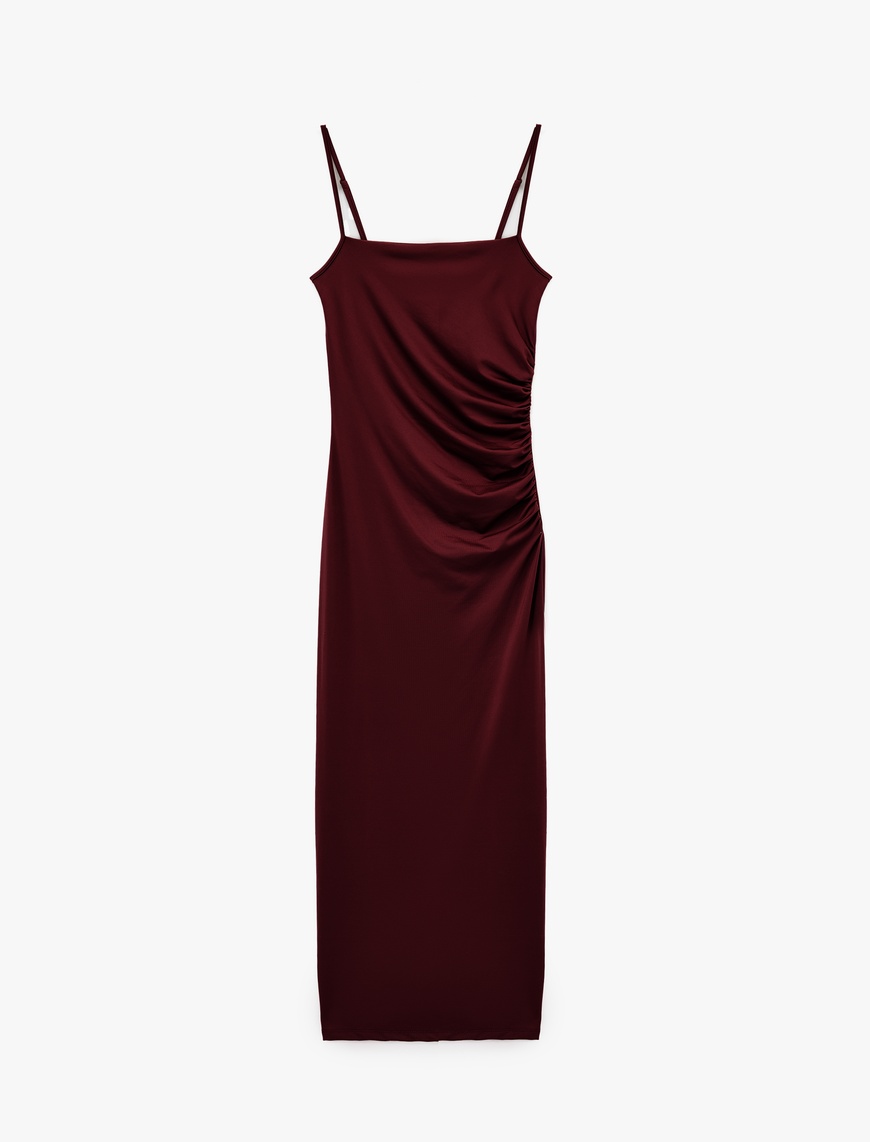   Slim Fit Yırtmaç Detaylı Drapeli İnce Askılı Kalem Elbise