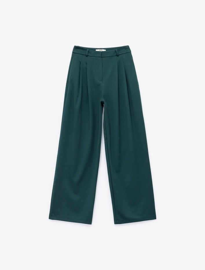  Pileli Cepli Yüksek Bel Geniş Paça Gabardin Baggy Pantolon
