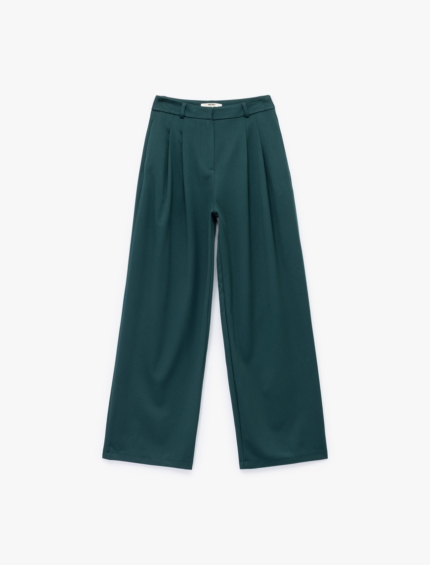   Pileli Cepli Yüksek Bel Geniş Paça Gabardin Baggy Pantolon
