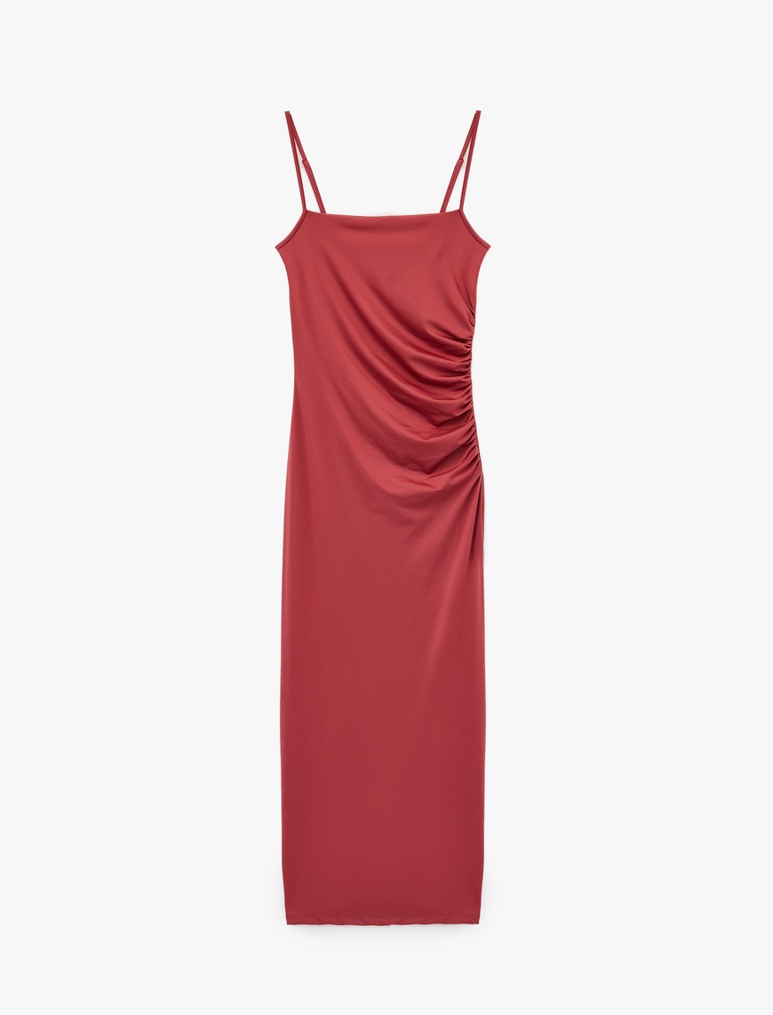   Slim Fit Yırtmaç Detaylı Drapeli İnce Askılı Kalem Elbise