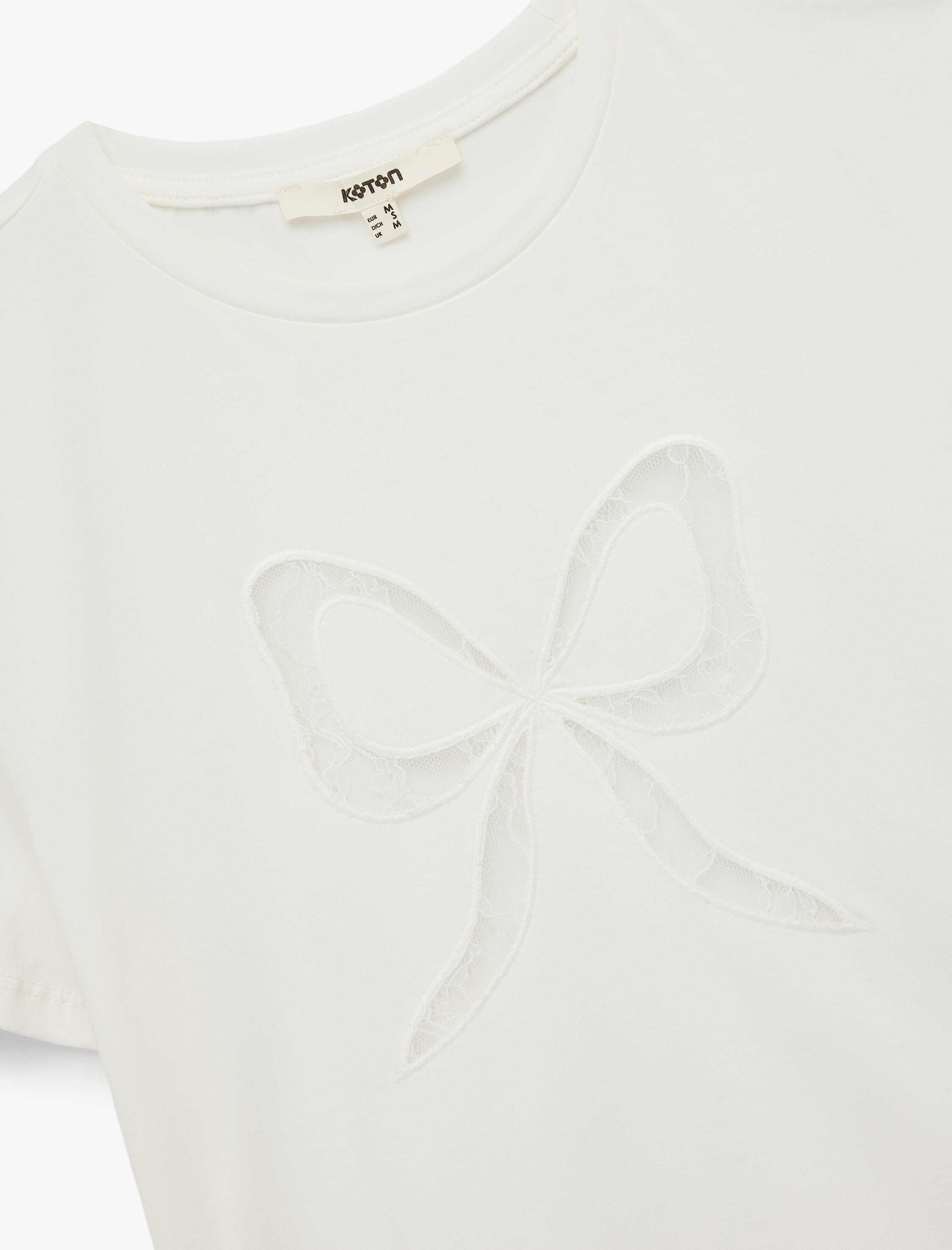   Pamuklu Bisiklet Yaka Kısa Kollu Transparan Dantel Fiyonk Detaylı Tişört