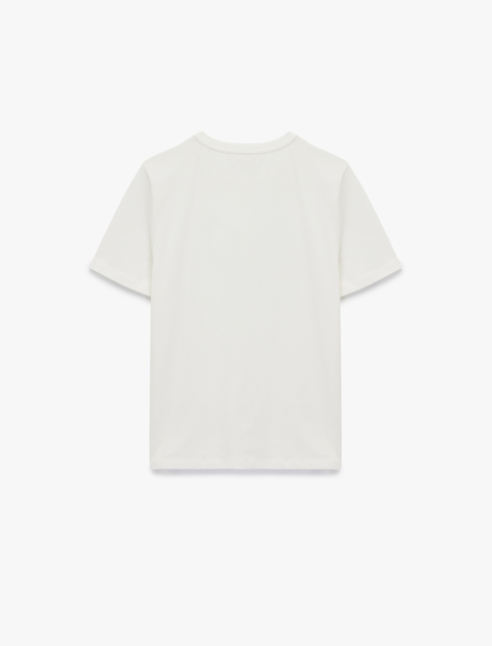  Pamuklu Bisiklet Yaka Kısa Kollu Transparan Dantel Fiyonk Detaylı Tişört