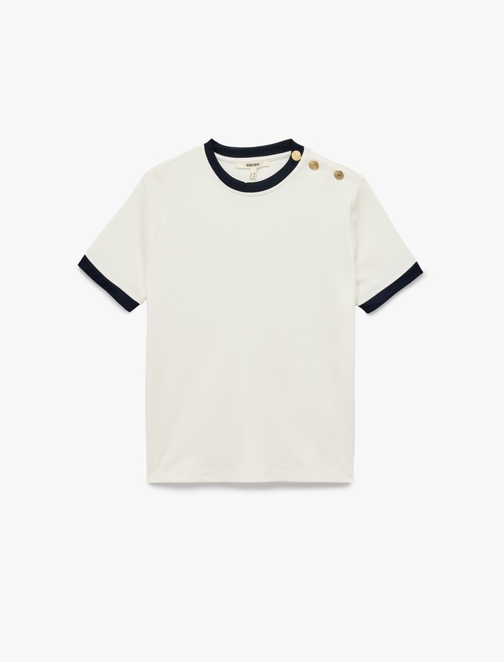  Kontrast Detaylı Kısa Kollu Bisiklet Yaka Düğmeli Tişört