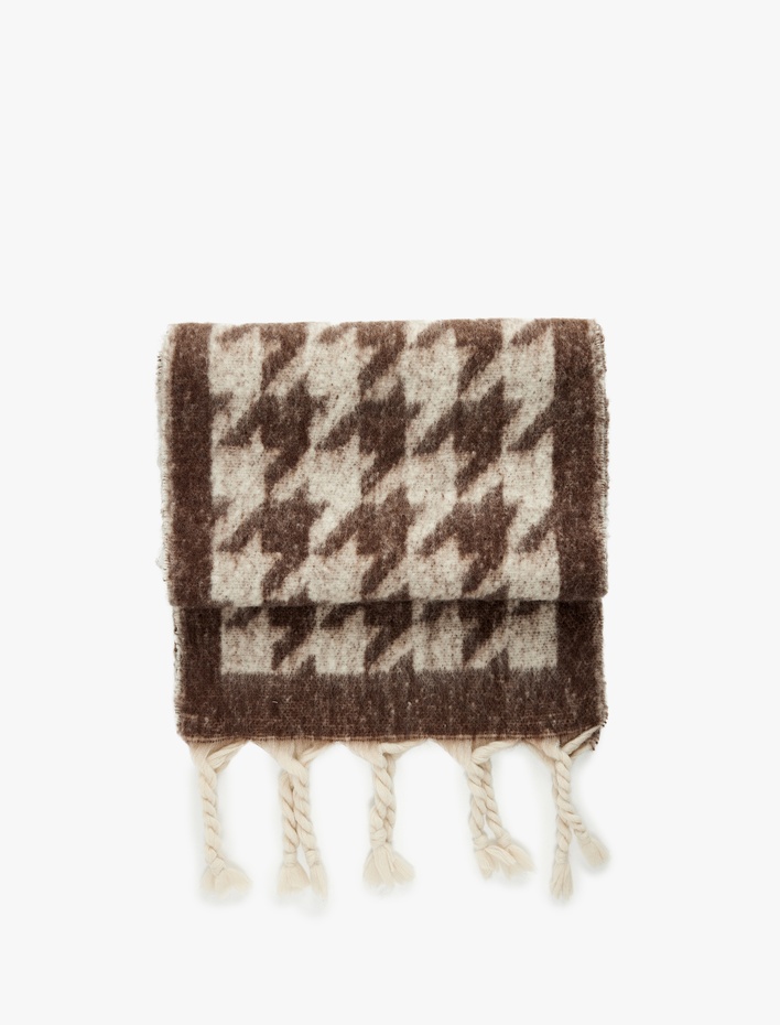 Kadın Kazayağı Desenli Püsküllü Uzun Atkı