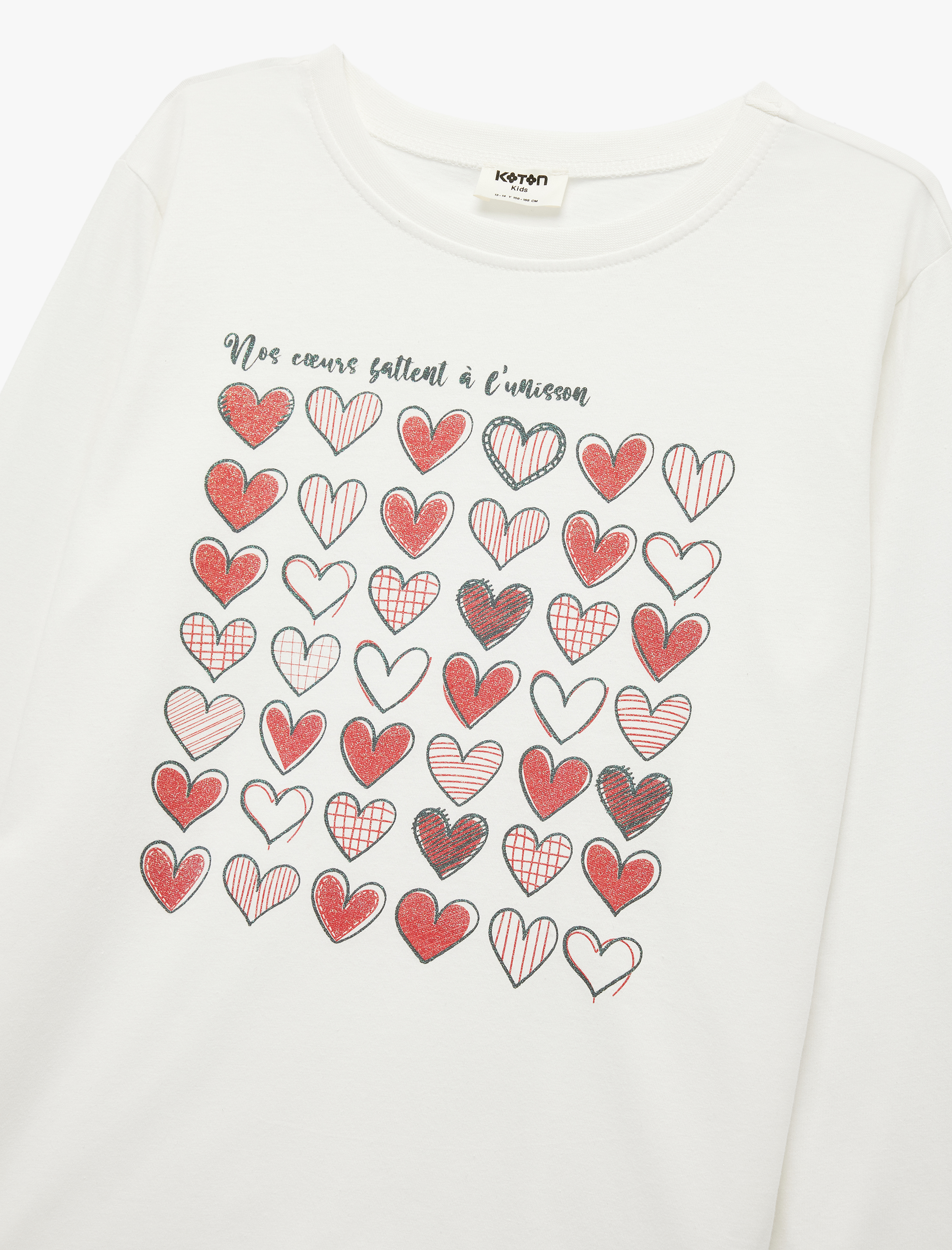  Kız Çocuk Uzun Kollu Pamuklu Bisiklet Yaka Simli Kalp Baskılı Tişört