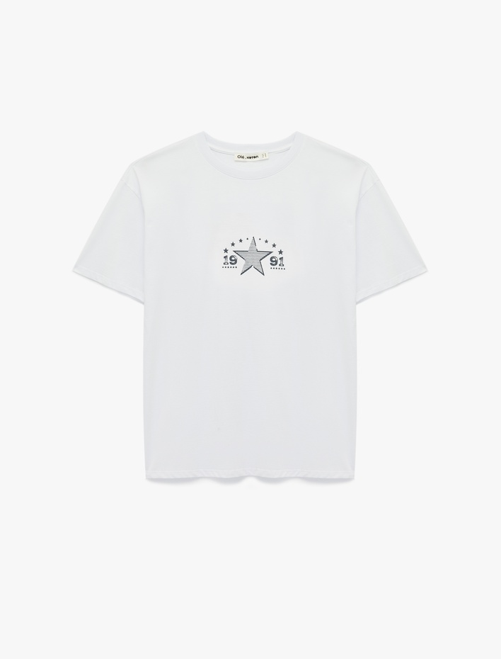  Rahat Kalıp Kısa Kollu Bisiklet Yaka Pamuklu Arkası Baskılı Tişört