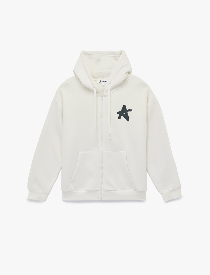  Şardonlu Kanguru Cepli Uzun Kollu Arkası Baskılı Kapüşonlu Fermuarlı Sweatshirt