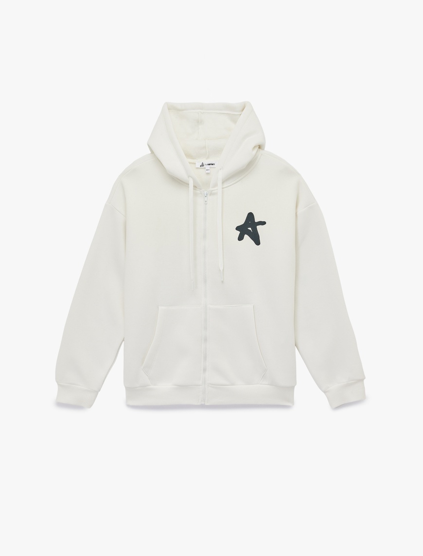  Şardonlu Kanguru Cepli Uzun Kollu Arkası Baskılı Kapüşonlu Fermuarlı Sweatshirt