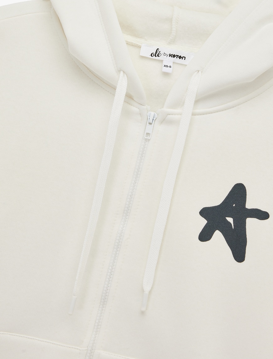   Şardonlu Kanguru Cepli Uzun Kollu Arkası Baskılı Kapüşonlu Fermuarlı Sweatshirt